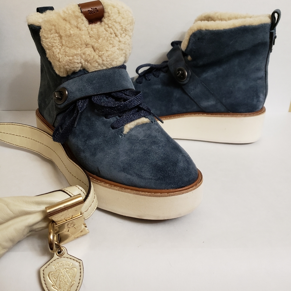 Coach Blue Ankle Boots with Cream Fur Lining